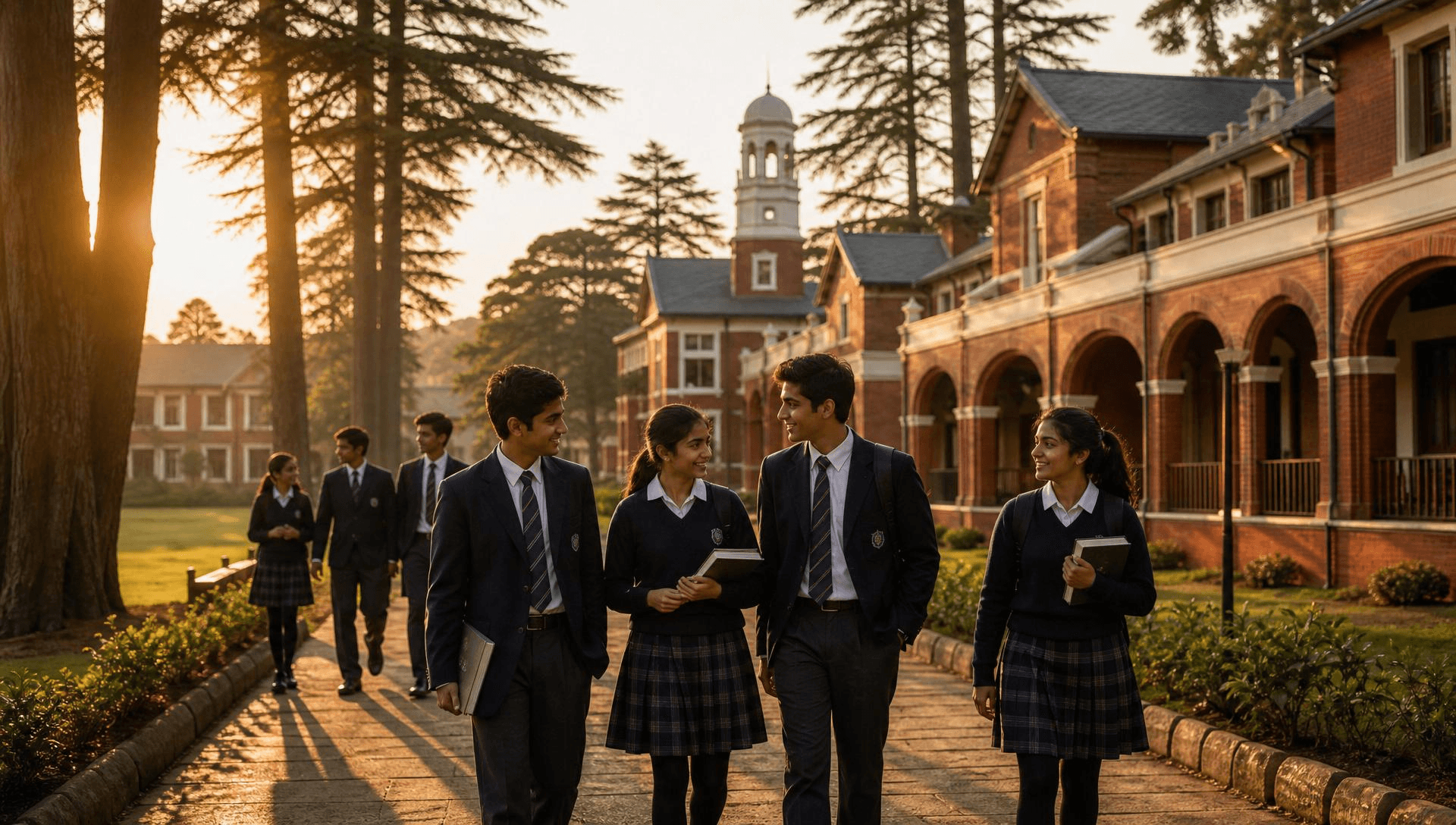 Indian students walking together on a heritage boarding school campus at golden hour